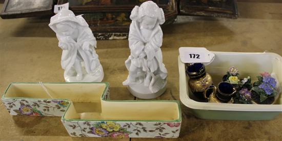 2 Meissen style blanc de chine figures, 6 Dresden miniature flowerpots & sundries